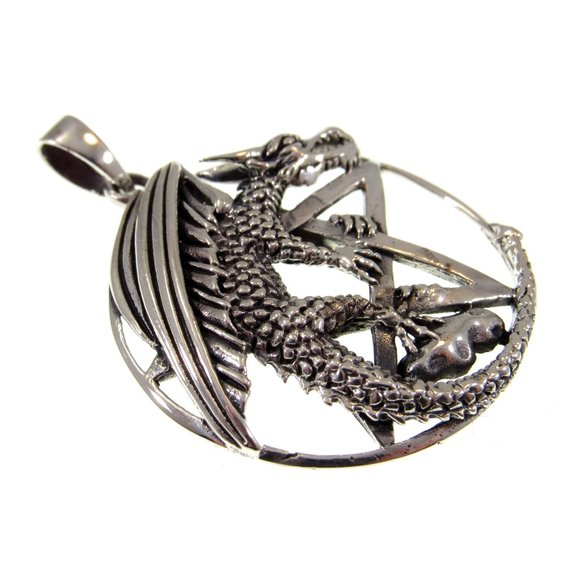 Solid 925 Sterling Silver Dragon Clutching the Pentacle Pentagram Pagan Pendant - Picture 6 of 8
